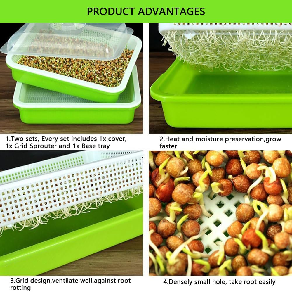 HYAVIA Seed Sprouter Tray Kit &ndash; 3-Pack Bpa-Free Soil-Free Sprouting Containers and Drain Tray for Growing Wheatgrass, Beans, Alfalfa, Microgreens &ndash; White & Green image number 5