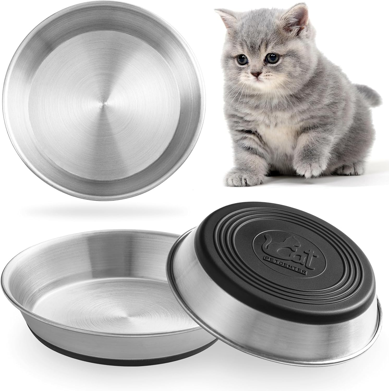 WROSWT Stainless Steel Cat Bowls,Whisker Friendly Shallow Cat Dishes for Food and Water,Non-Slip Silicone Bottom,Heavy Duty,Replacement Kitten Metal Plate for Elevated Stands,2 Pack