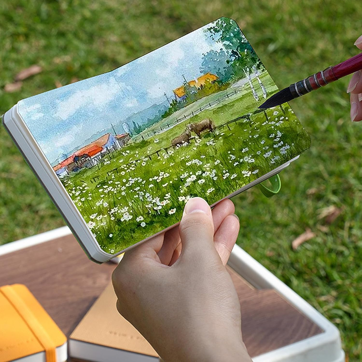 Betterjonny 10 * 10Cm Square Watercolor Journal, 100% Cotton Watercolor Paper, 300GSM, Acid-Free, 30 Sheets, 60 Pages, Watercolor Paper Notebooks Travel Sketchbooks for Artists Adults Students(Green) - Brown image number 5