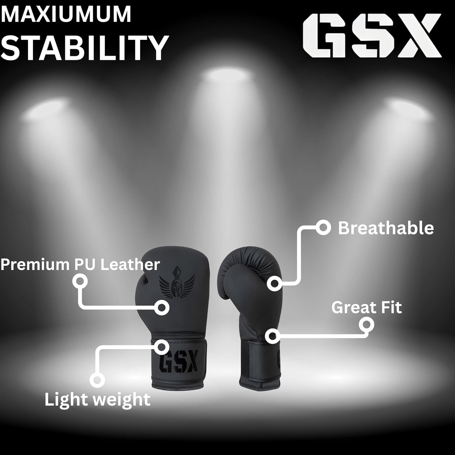 GXS Matt Black Boxing Gloves for Men & Women &ndash; Premium PU Leather Kickboxing, Muay Thai Gloves, Training & Competition, Perfect Fit and Feel, Reduces Impact Fatigue, Matt Black Boxing Gloves image number 4