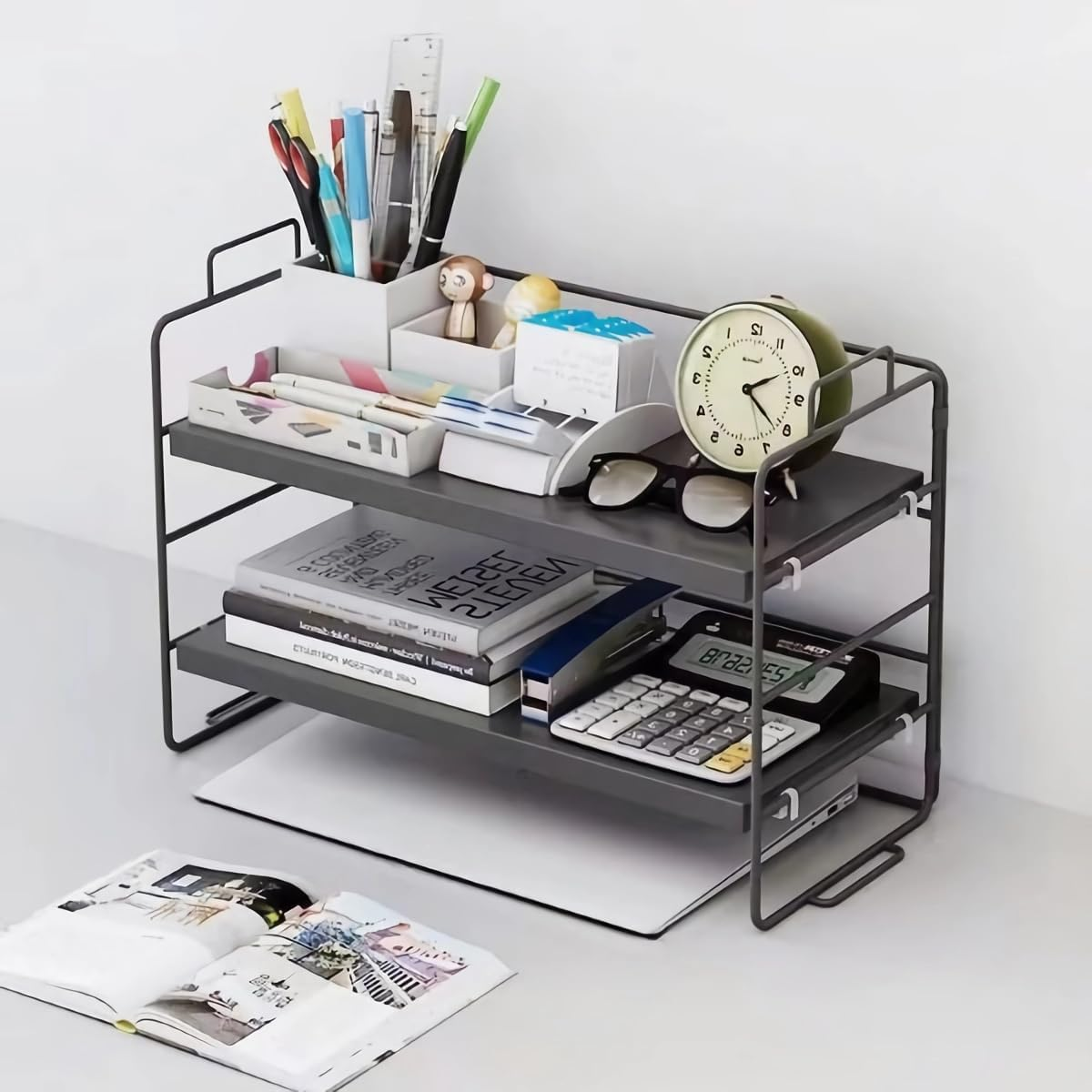 Hbluefat Desktop Shelf Organizer, 2-Tier Adjustable Wood Bookshelf Storage Rack, Small Multi-Functional Stackable Countertop Display Shelf for Home Office School (Walnut+Black)