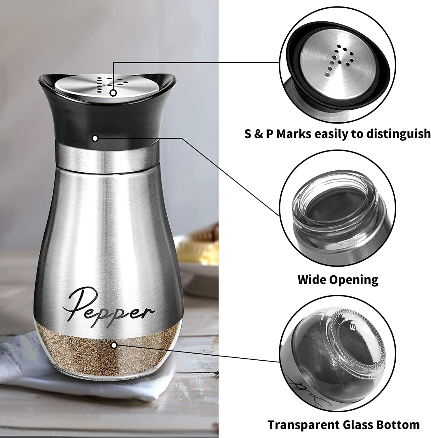 Salt and Pepper Shakers Set,2 PCS Premium Stainless Steel Salt and Pepper Shakers Set image number 3