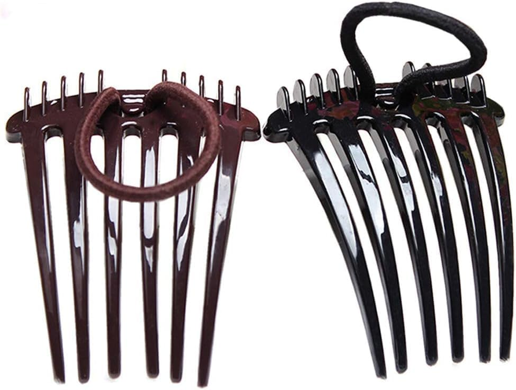 4Pcs Ponytail Bump It up Volume Inserts Combs Fluffy Hair Comb Hair Styling Tool with Elastic Rubber Band (Black+Coffee, One Size) image number 3