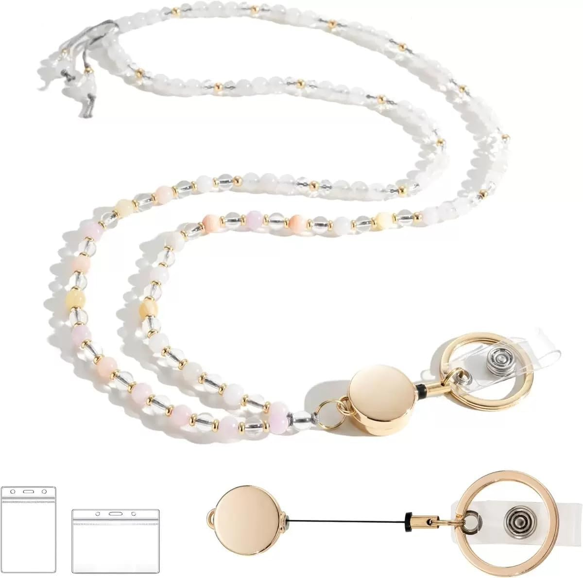 DUOMIAO Lanyards for ID Badges and Keys, Natural Stone Retractable Lanyard Durable Beaded Lanyard for Teacher Women, Morganite, Standard
