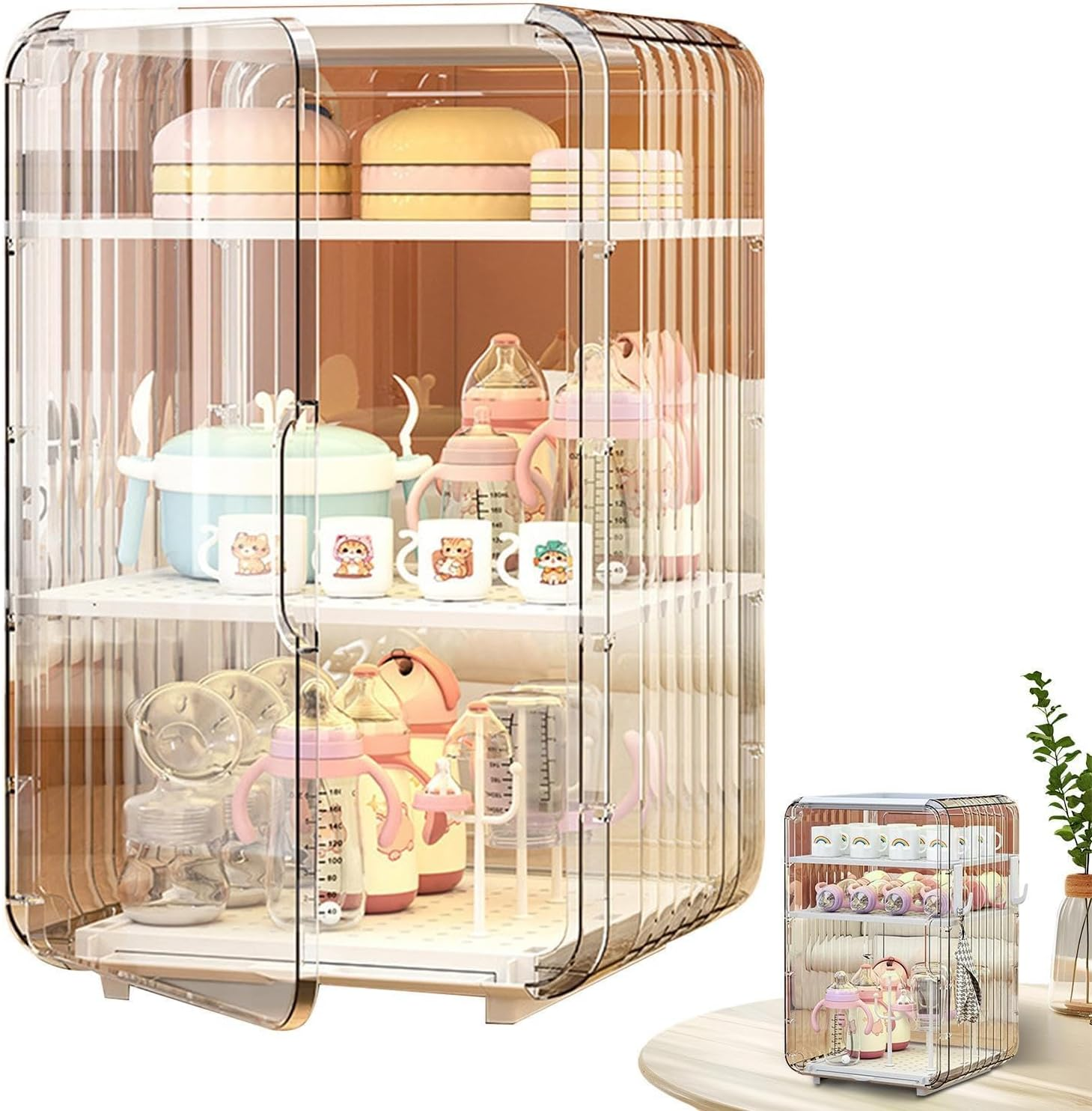 Baby Bottle Organizer Storage Drawer, 3/4 Floors Toddler Supplies Organizer, Vertical Dustproof Cups Holder with Door, Water Tray at the Bottom, Removable Independent Compartment, for Nursery image number 1