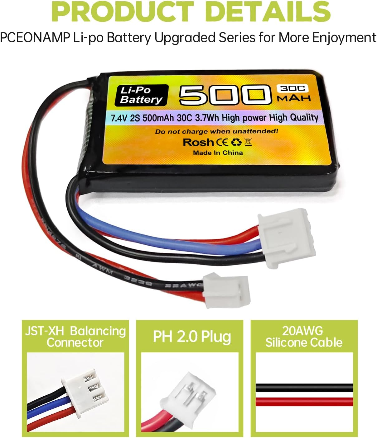 2PCS 7.4V 500Mah 30C Lipo RC Vehicle Battery with PH2.0 Plug and 2In1 Charger for AX24 SCX24 RC Vehicle Model Battery Compatible with Most 1/10, 1/16, 1/18, 1/24 RC Vehicles and Trucks