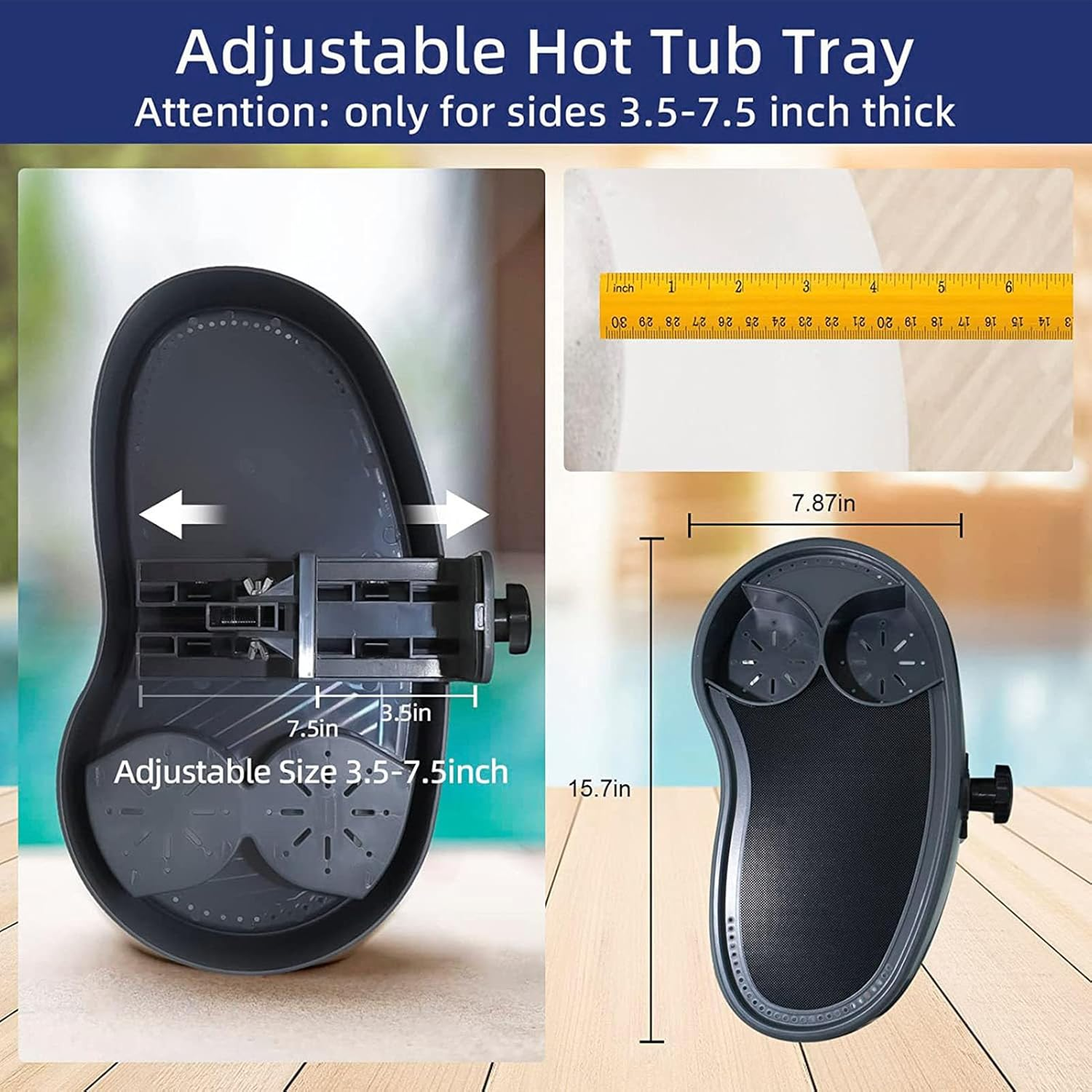 LICAEVEY Hot Tub Tray, Adjustable, anti Slip, Cup Holder, Grey Plastic, Rectangular, 40X20X17.5Cm, 1240G, 2 Pack