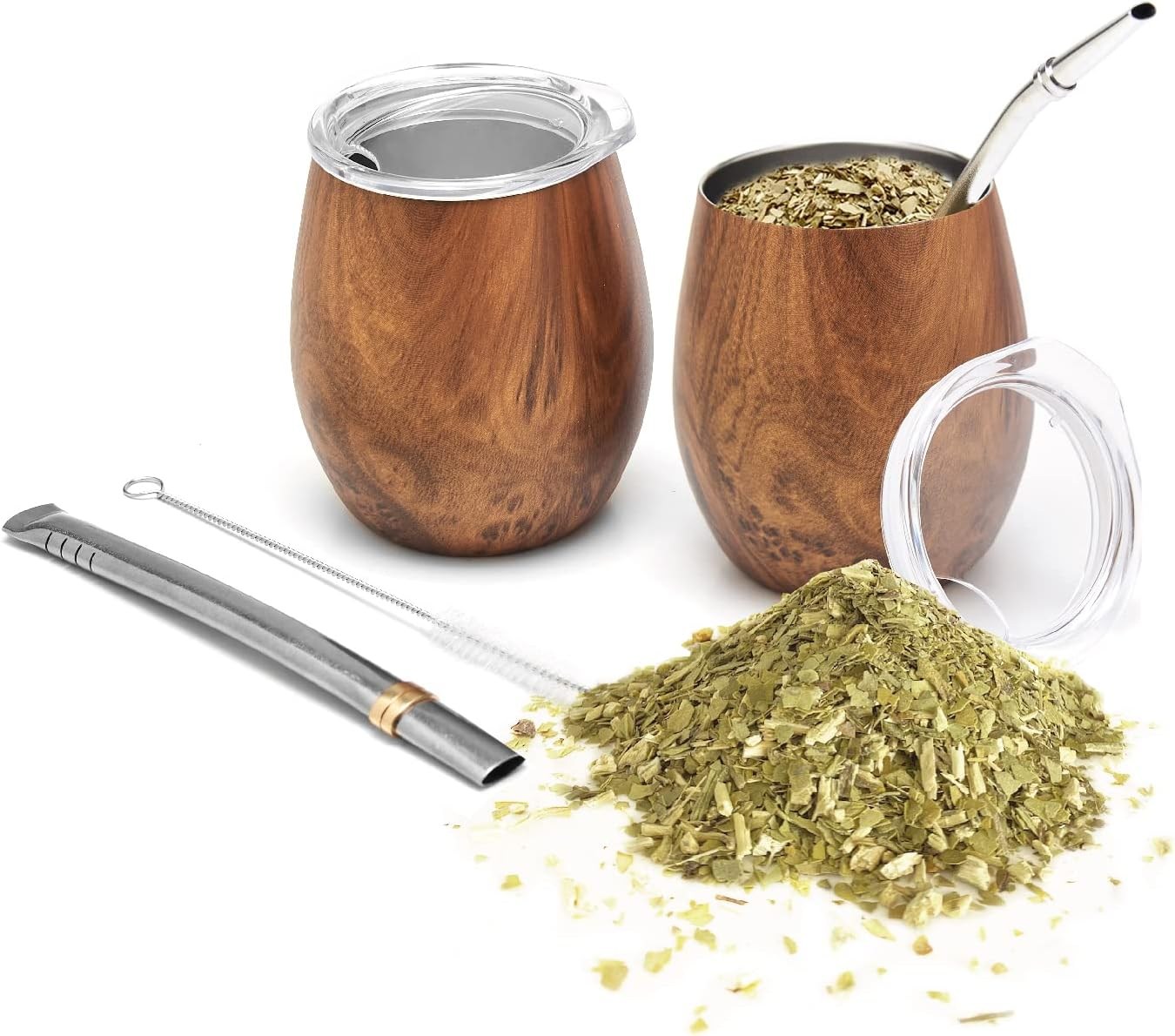 BALIBETOV Modern Mate Cup and Bombilla Set (Yerba Mate Cup) -Yerba Mate Set Includes Double Walled 18/8 Stainless Steel Mate Tea Cup, Two Bombilla Mate (Straw) and a Cleaning Brush (Shiny Black, 8 Oz)
