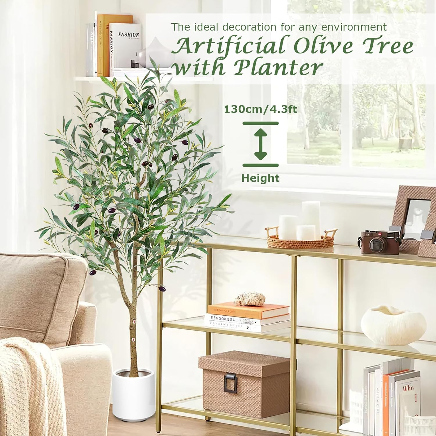 Lenamos Olive Trees Artificial Indoor, Tall Faux Olive Tree with White Tall Planter, Artificial Plants with Natural Wood Trunk and Lifelike Fruits for Home Office Decor (4.3Ft/130Cm) image number 3