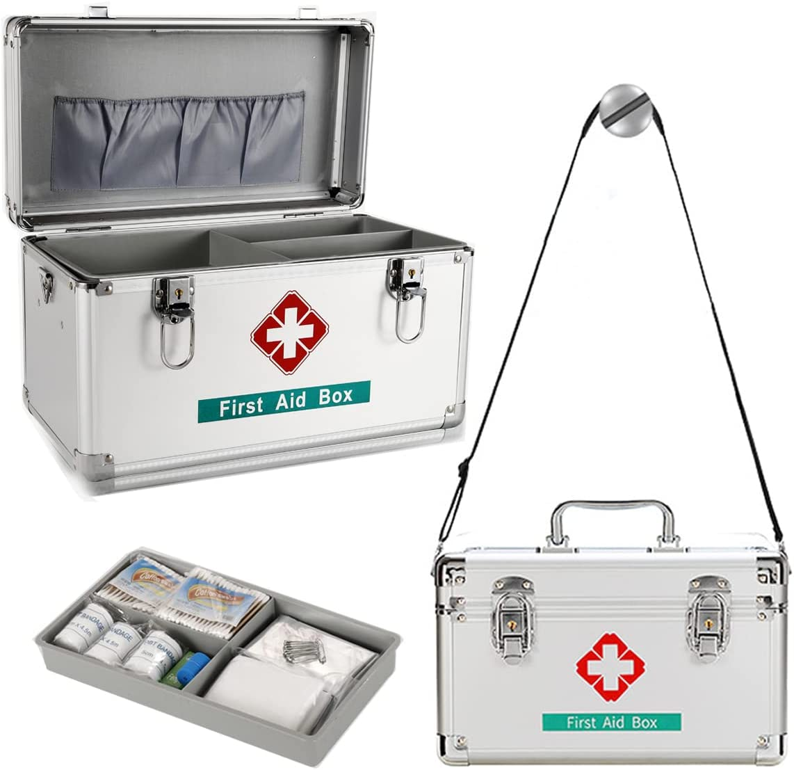 FOREVERIE Premium 14 Inches Empty First Aid Box with an Internal 3 Grid Tray and Shoulder Strap, Aluminum Alloy Framed, Portable Home & Work Medicine Box for Medical and Health Industry Workers