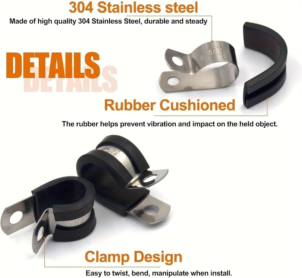 Rubber Cushioned Cable Clamp Assortment 52Pcs Kit YS189 - Hose Clamps - Cushioning Insulated Cable Pipe Clips Stainless Steel Rubber Pad Pipe Clips in 6 Sizes: 1/4" 5/16" 3/8" 1/2" 5/8" 3/4" image number 1