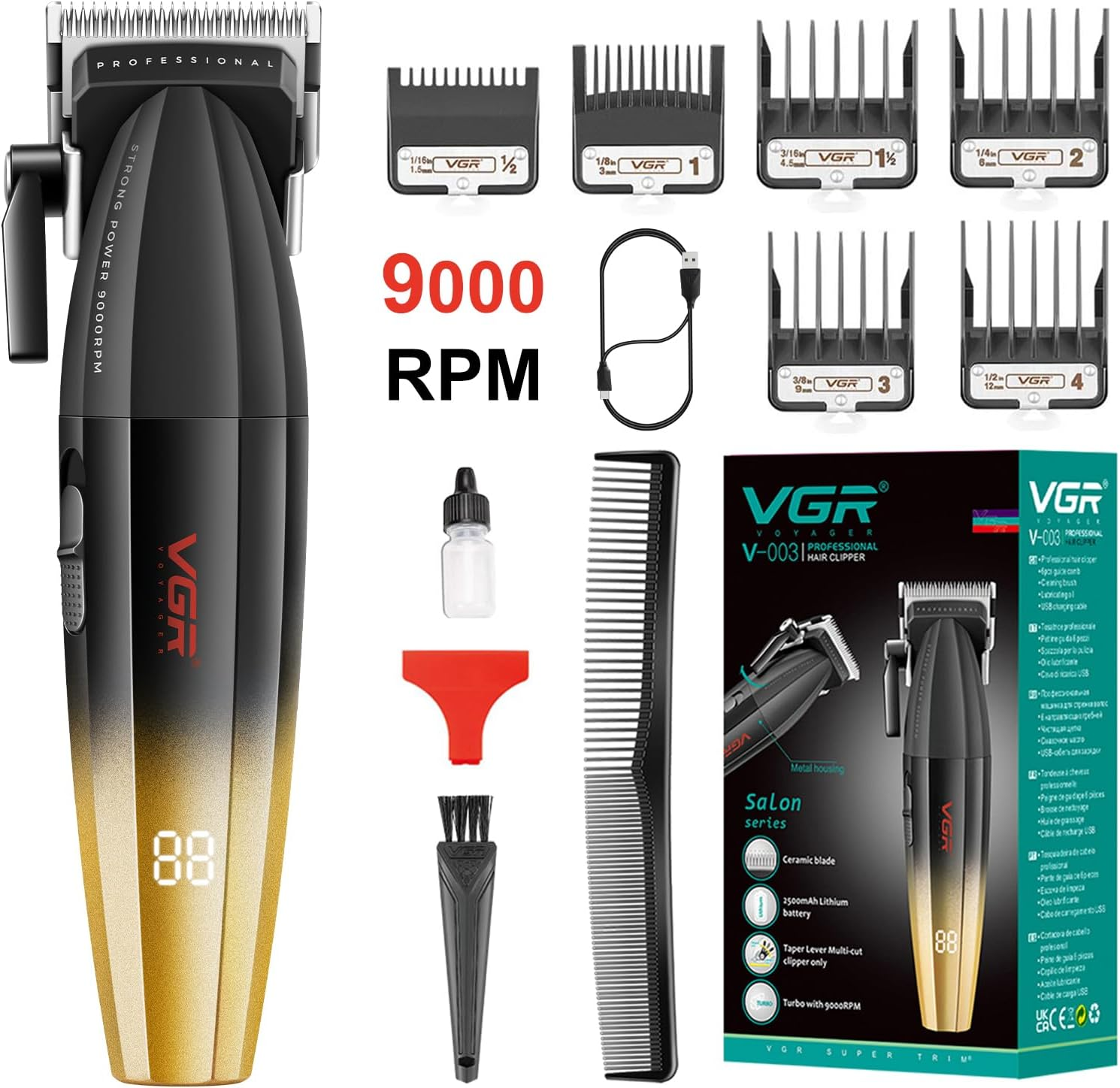 VGR 003 Fresh Fade Hair Clipper, Professional Hair Trimmer, Cord/Cordless Rechargeable Hair Cutting Tools with LED Display, 9000 RPM Barber Clippers, Green