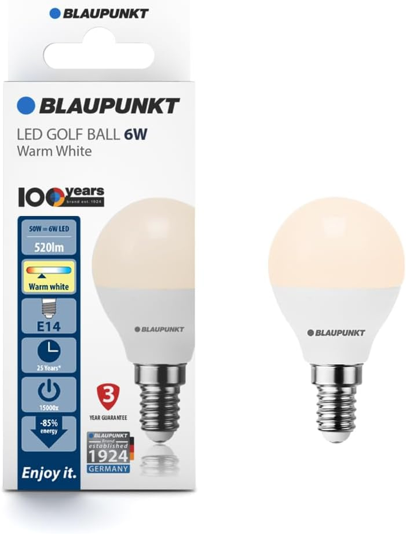 Blaupunkt LED Bulb G45 Golf Ball, E14 Base Screw, 6W, Replaces 50W Incandescent, Warm White 2700K, Yellow Light, Non-Dimmable, 520 Lumen, Light Bulb, Room Lighting, 1 Piece (Pack of 1) image number 1