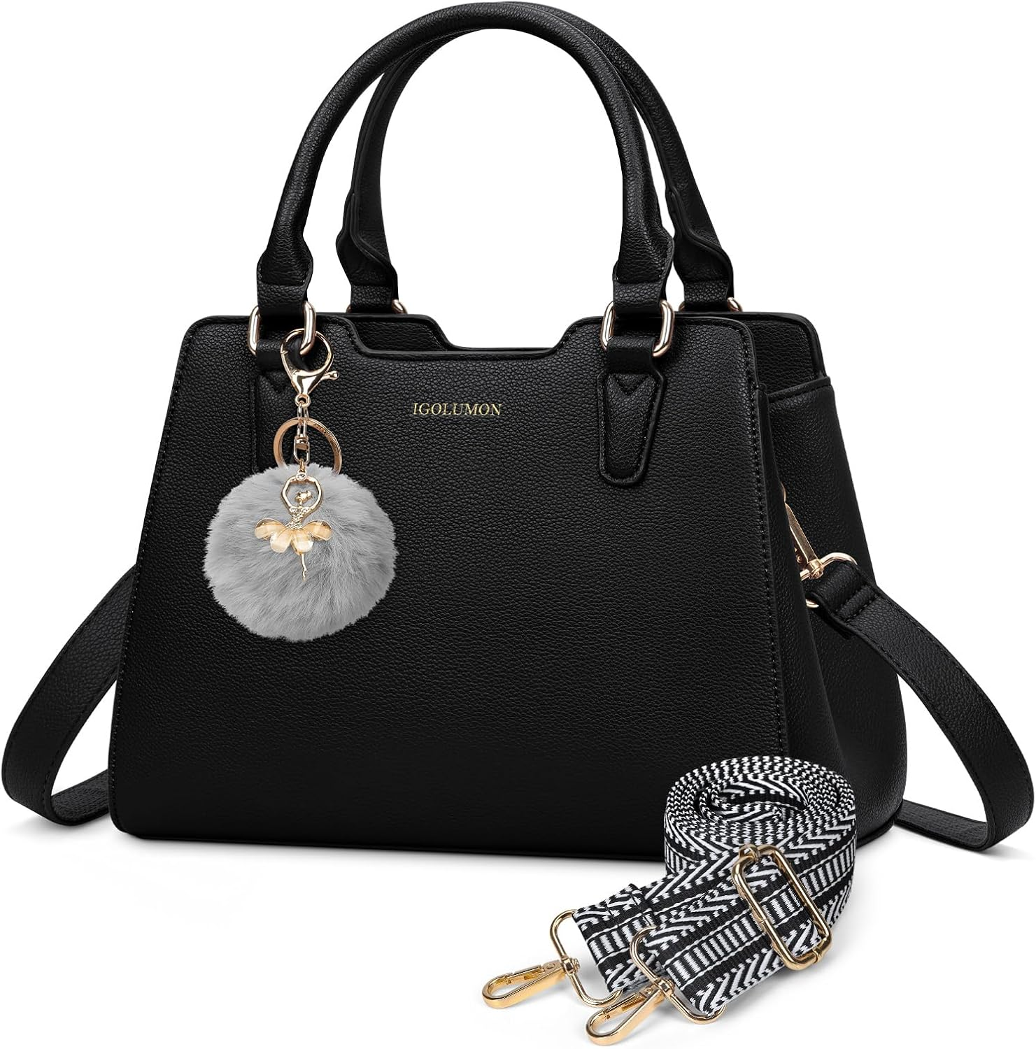 IGOLUMON Women'S Top-Handle Handbags PU Vegan Leather Satchel Purses for Women Designer Tote Purse Handbag with Cute Pompom