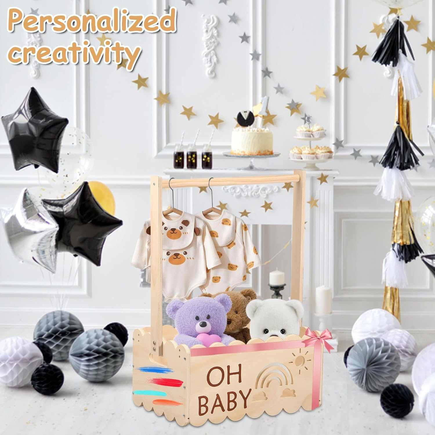 Awobepl Baby Shower Crate with Handle Wood Baby Crate Closet Cute Baby Hamper Basket Practical Baby Storage Crate for New Born Baby New Parents image number 6