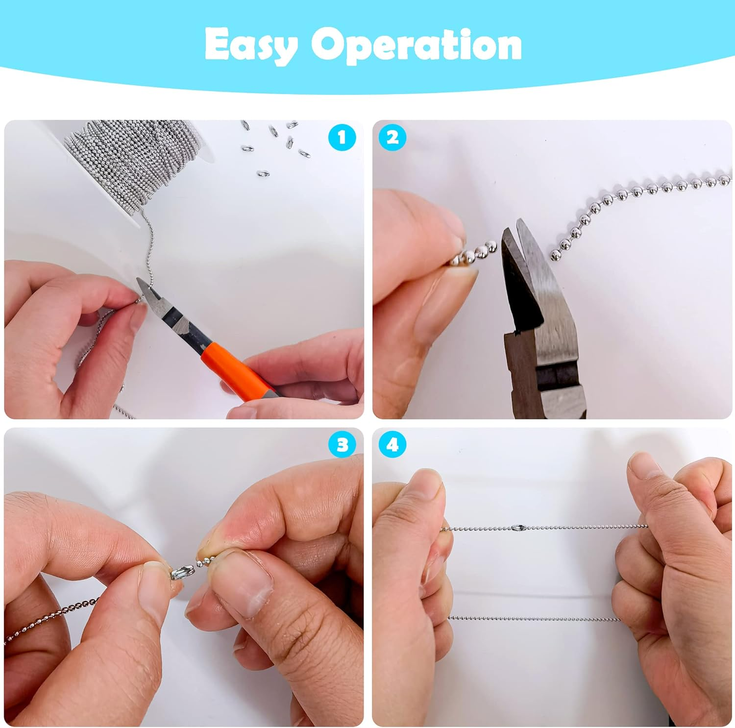 66 Feet Silver Ball Bead Chains 1.5Mm Stainless Steel Jewelry Links with 50Pcs Connectors Clasps for DIY Keychain Dog Tag Necklace Making image number 4