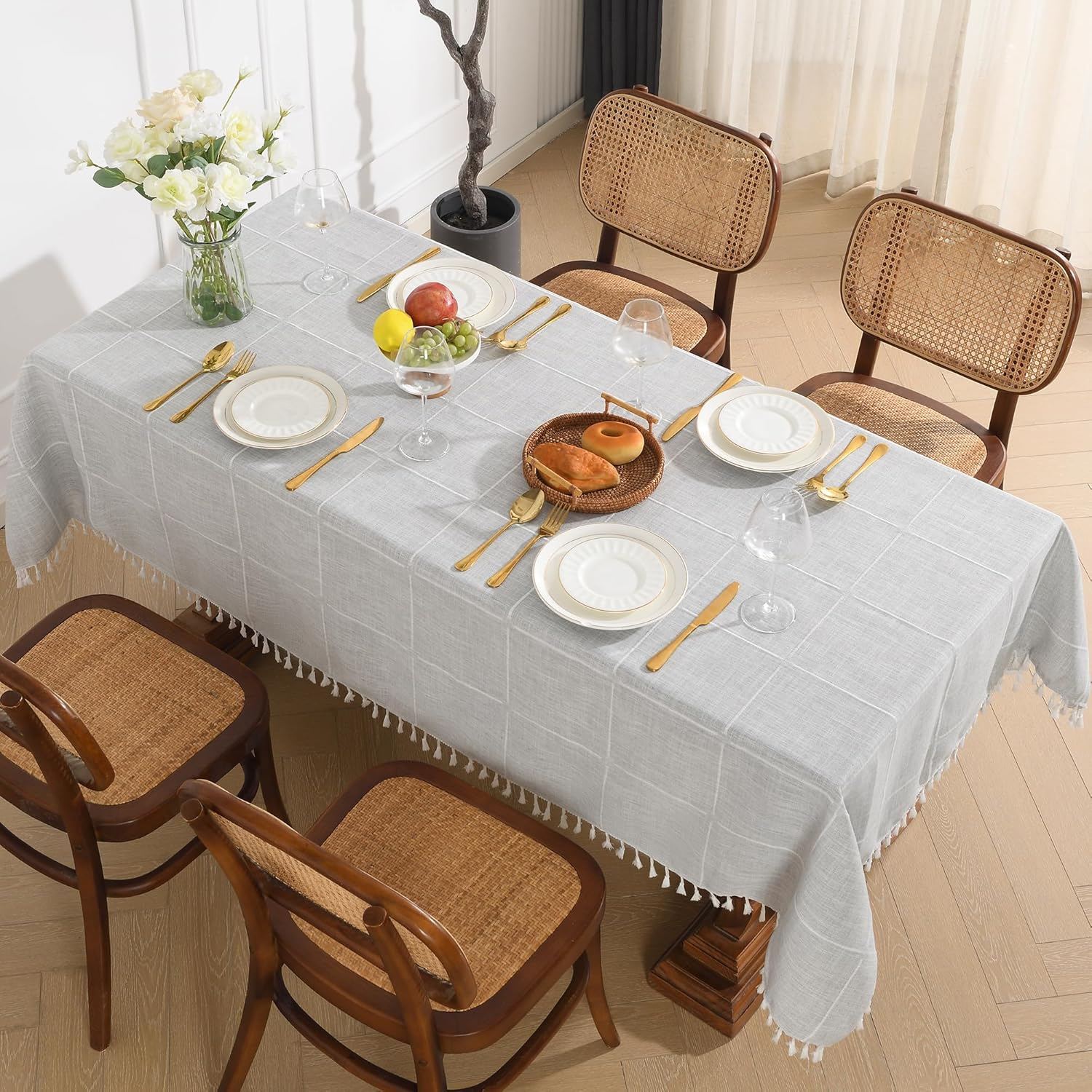 Oubonun Cotton Linen Rectangular Tablecloth - Wrinkle Resistant & Waterproof - Machine Washable Table Cloth with Tassels for Kitchen & Dining, 55''X102'', 8-10 Seats, Grey image number 2