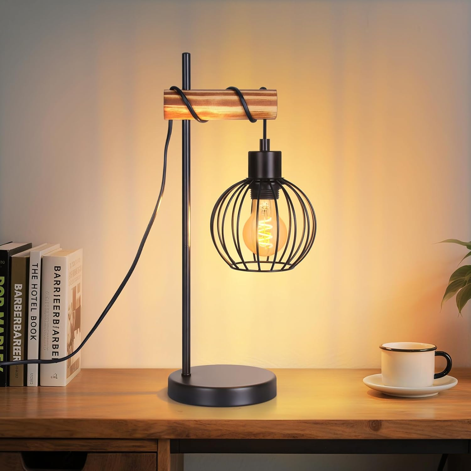 ZMH Vintage Wooden Living Room Table Lamp: Black Bedside Lamp 1 Light Industrial Design Metal E27 Socket Retro for Hotel Room - without Bulb