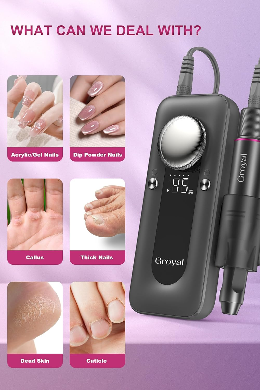 Groyal Nail Drill Electric File 45000RPM Rechargeable, Cordless with 11 Pcs Bits for Acrylic Gel Nails, Salon/Home image number 5