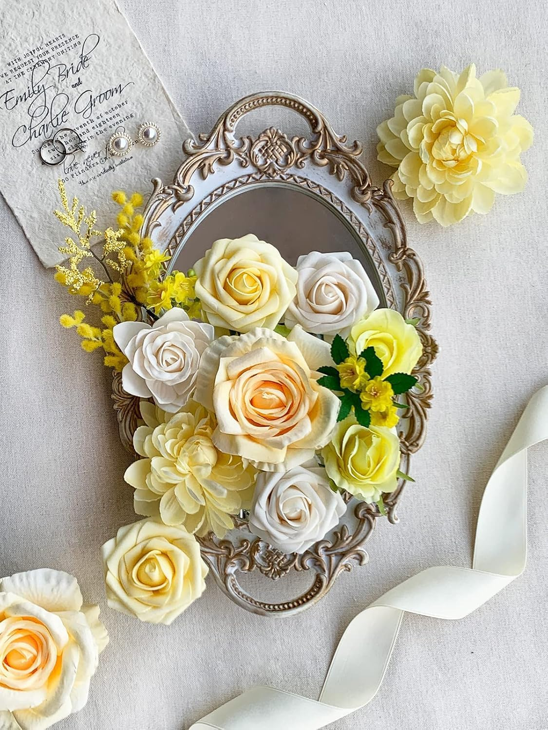 Dnvkict Artificial Flowers Combo Box Set Fake Flowers Bulk, Mix Faux Flowers with Stem for Wedding Bouquets Centerpieces Table Decorations DIY Floral Party Home Decor (Yellow) - Yellow image number 5