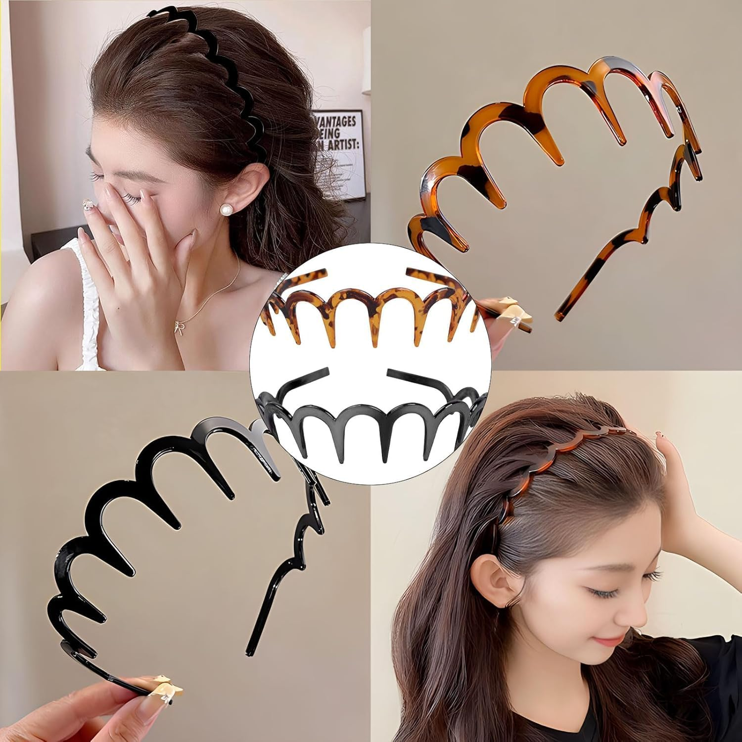 Pack of 2 Zigzag Headband, Shark Tooth Hair Comb, Hard Headbands, Plastic Zigzag Headbands, Wavy Hair Comb Headband for Girls, Women, Men (Leopard Brown and Black) image number 4