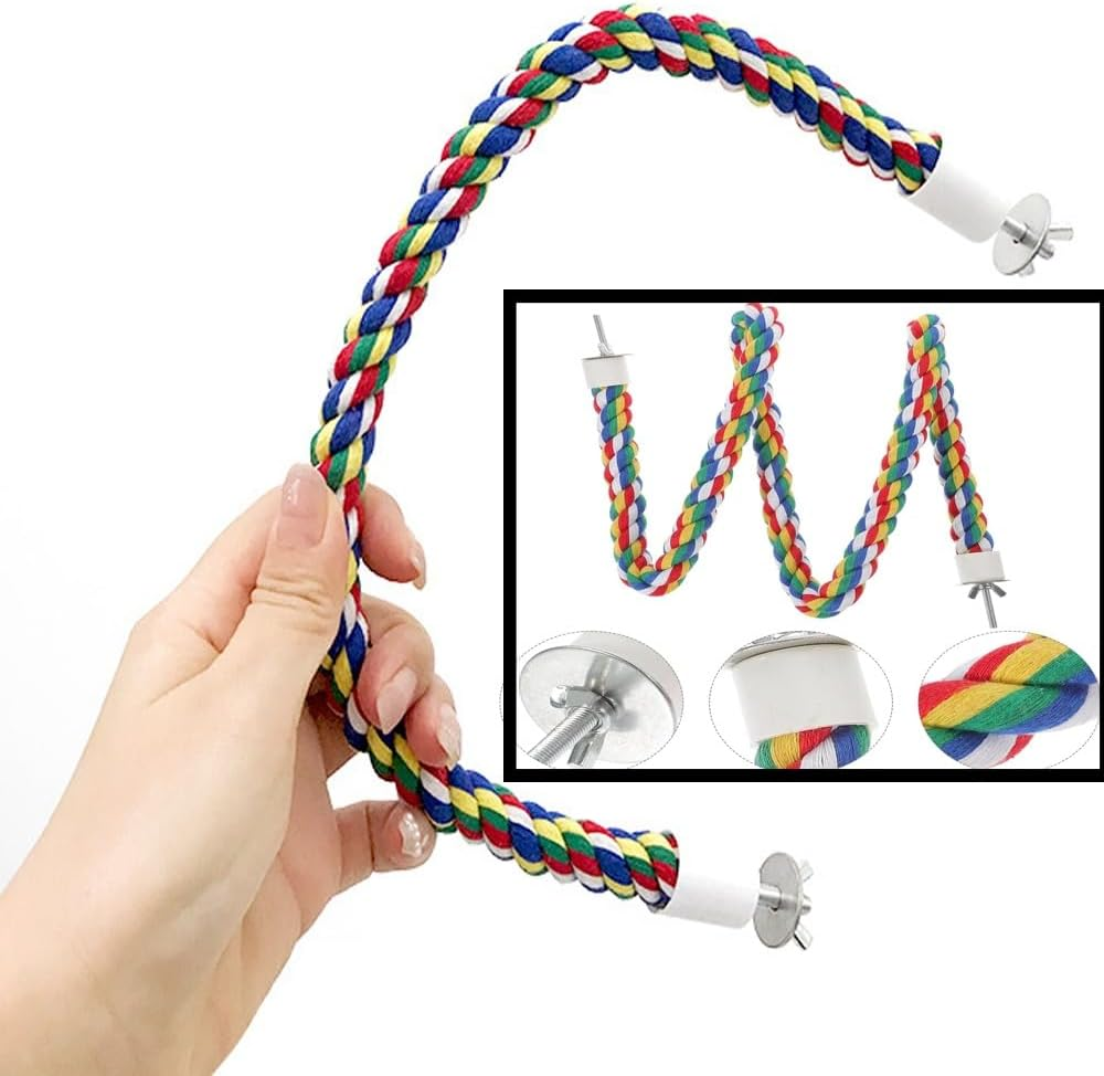 2 Pcs Cotton Rope Bird Perches, 16 & 24 Inch Spiral Perch for Parrots, Cockatiels, Budgie, Parakeets Colorful Comfy Climbing Stand, Bungee Toy for Bird Cage Accessories image number 4