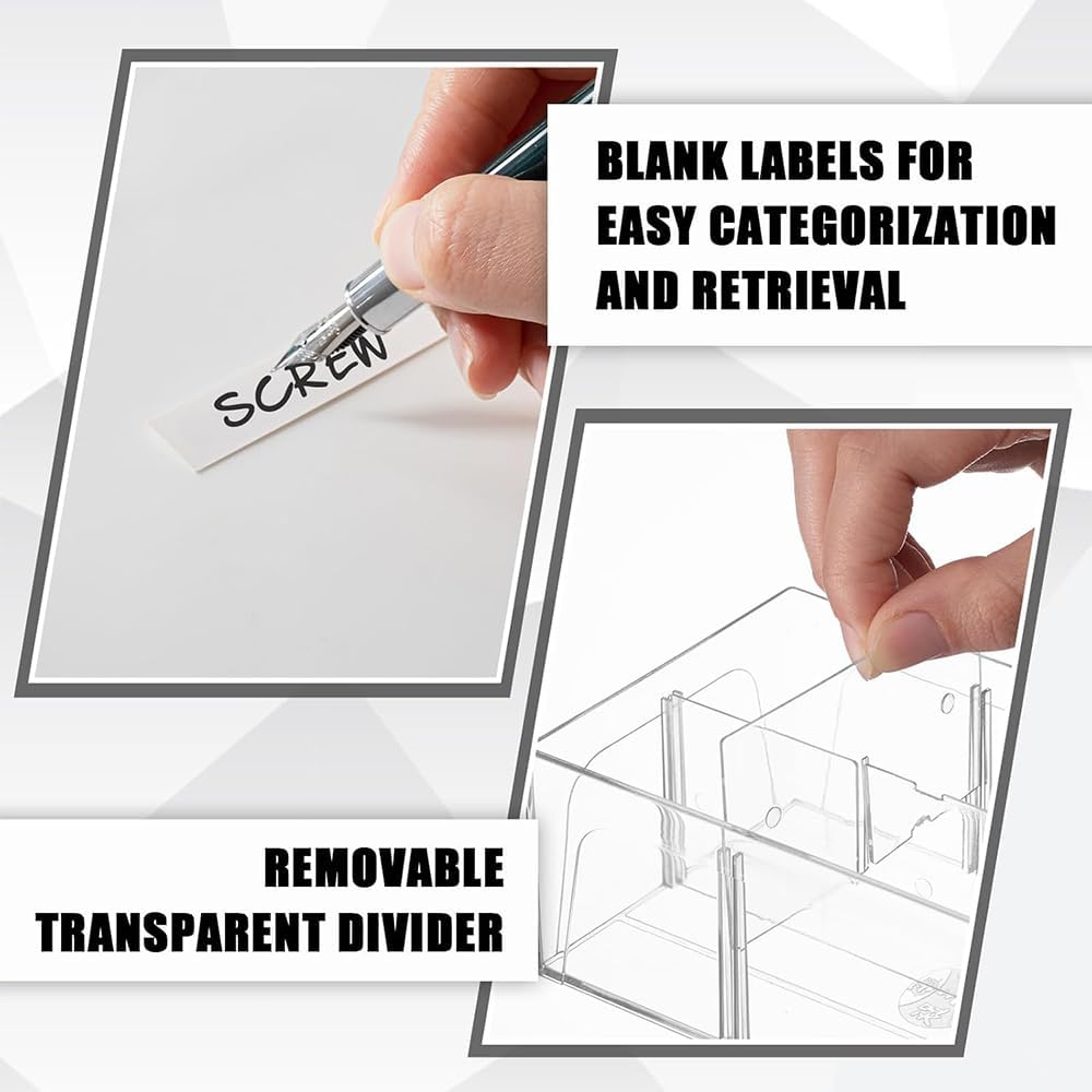 12 Pcs Drawer Stackable Storage Cabinet,Wall Mounted Plastic Drawers Storage Closet,36 Clear Dividers and 12 Tag Card Hardware Storage Bins,For Garage Home Office