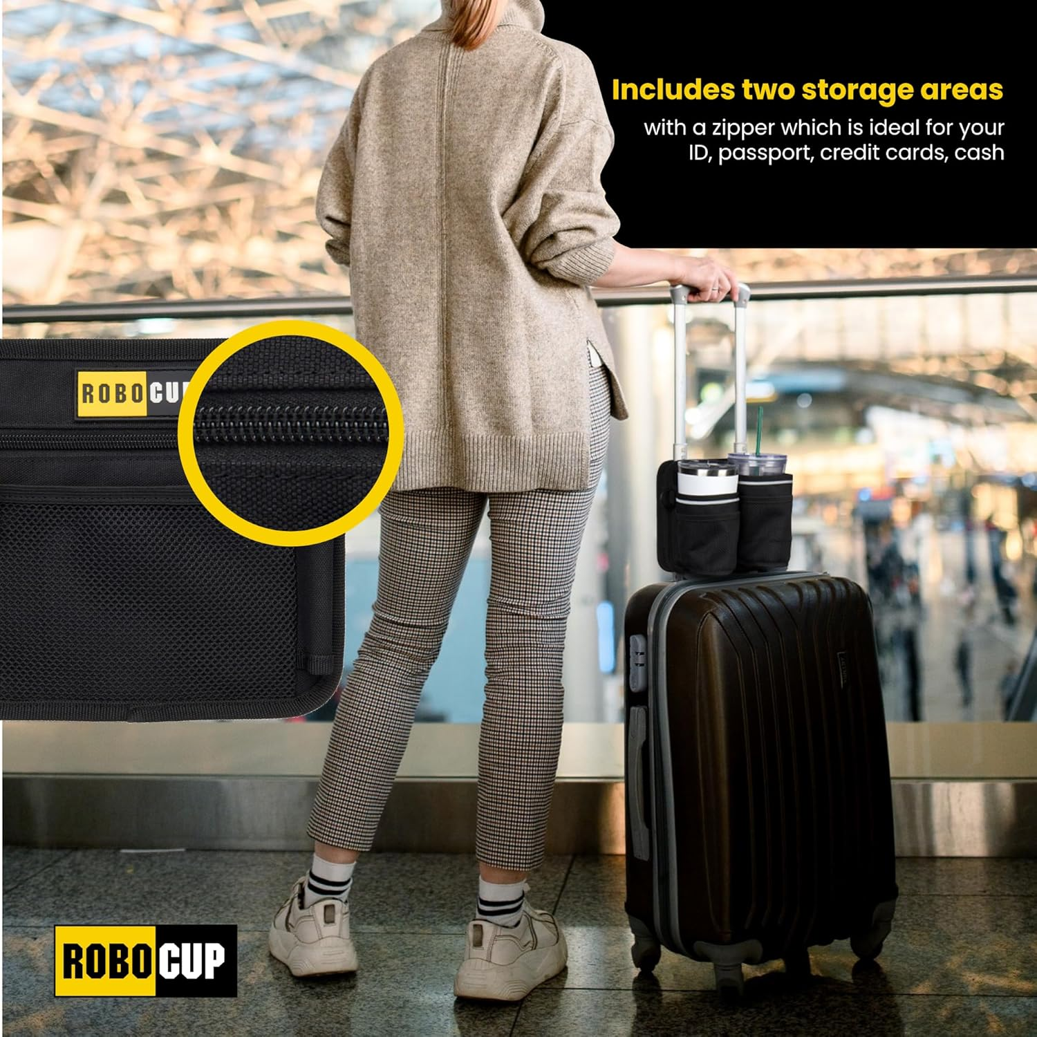ROBOCUP Travel-Friendly Foldable Dual Drink Holder, Univesal Design for Luggage, Cases and Breifcases with a Telescopic Handle | Storage Pockets, D-Ring, Pen Slot, Reflective Stripe, Hook&Loop Patch image number 3