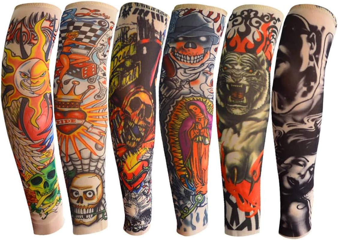 Temporary Tattoo Arm Sunscreen Sleeves for Kids Boy Girls 3-8 Years Old, Body Art Arm Stockings Slip on Accessories for Halloween Cosplay Party Props - Designs Tiger, Crown Heart, Skull, Tribal