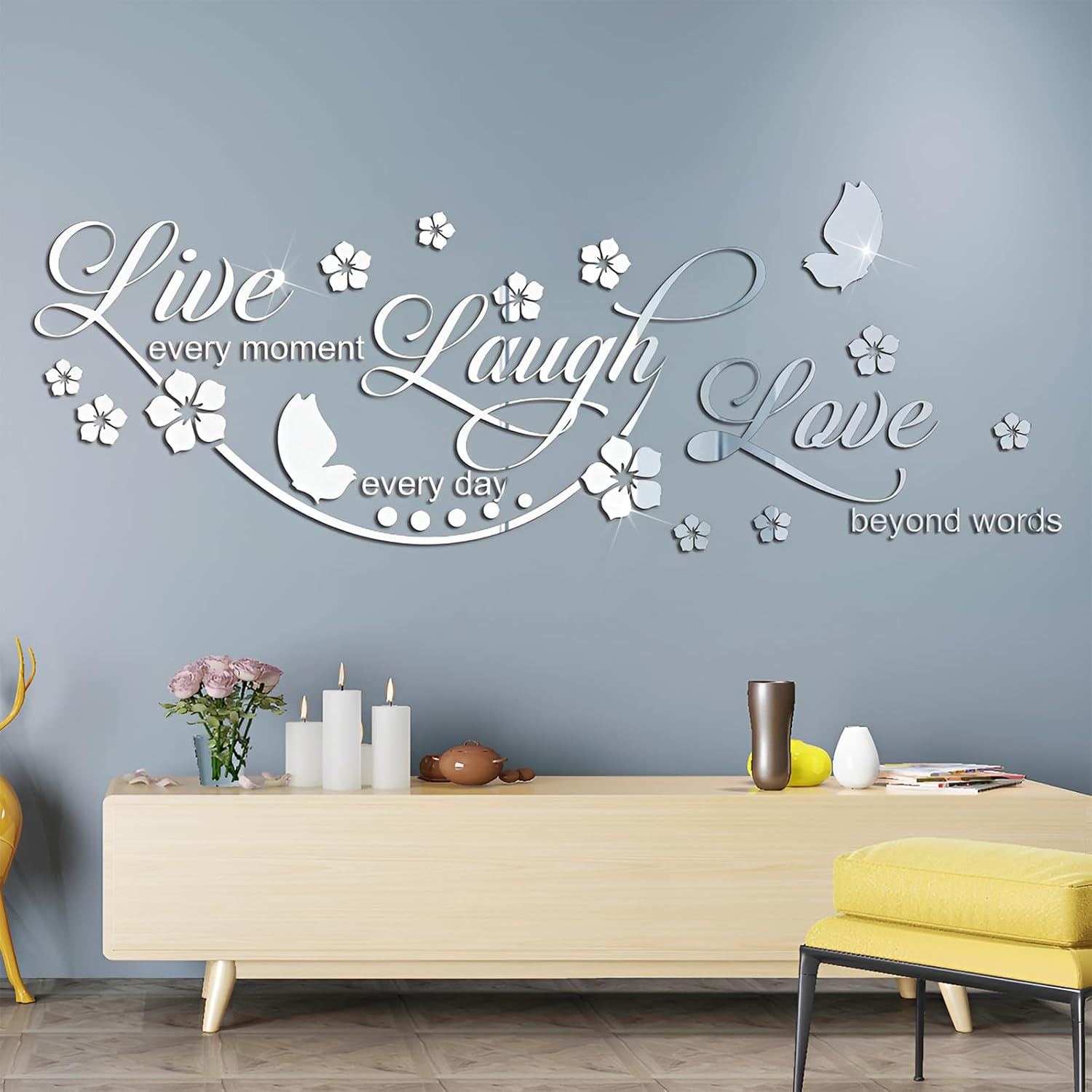ZGWANSUI Live Laugh Love Mirror Decal, Inspirational Wall Stencils Peel and Stick Quotes, Decorative Wall Stickers Decor Living Room, Motivational Sayings Words for Bedroom Home Wall Art, Silver