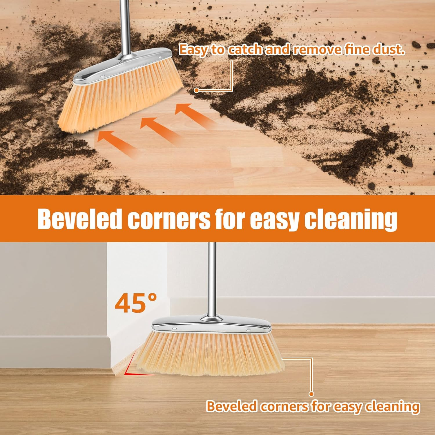 Broom and Dustpan Set Stainless Steel Upright Broom Dustpans with Long Handle Heavy Duty Dustpan Broom Combo Set Portable Sweeper and Dustpan Set for Home Office Dorm (Square) - Square image number 5