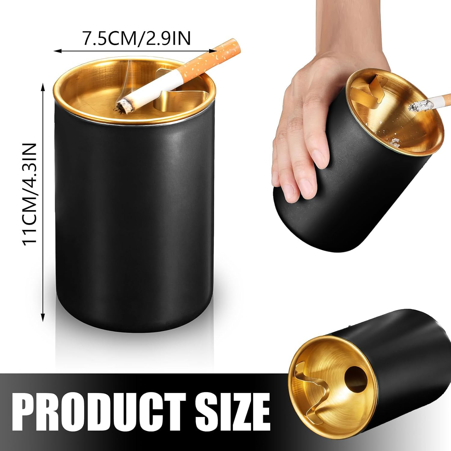 Ashtray, Detachable Ashtray, Stainless Steel Car Ashtray for Outdoor, Travel, Home, Office (Black)