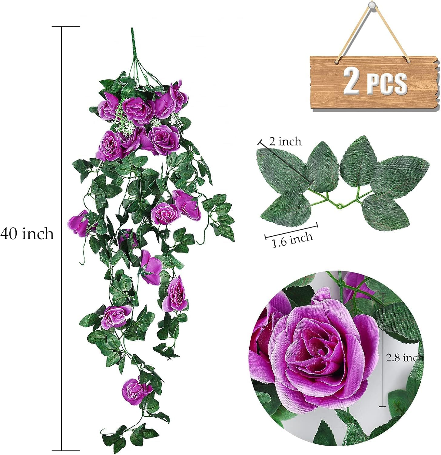 JLHOUSE AU7040-4 Artificial Hanging Rose Plants Fake Rose Flowers Faux Ivy Hanging Vines Wall D&eacute;cor Wedding Home Garden Decoration (Purple)