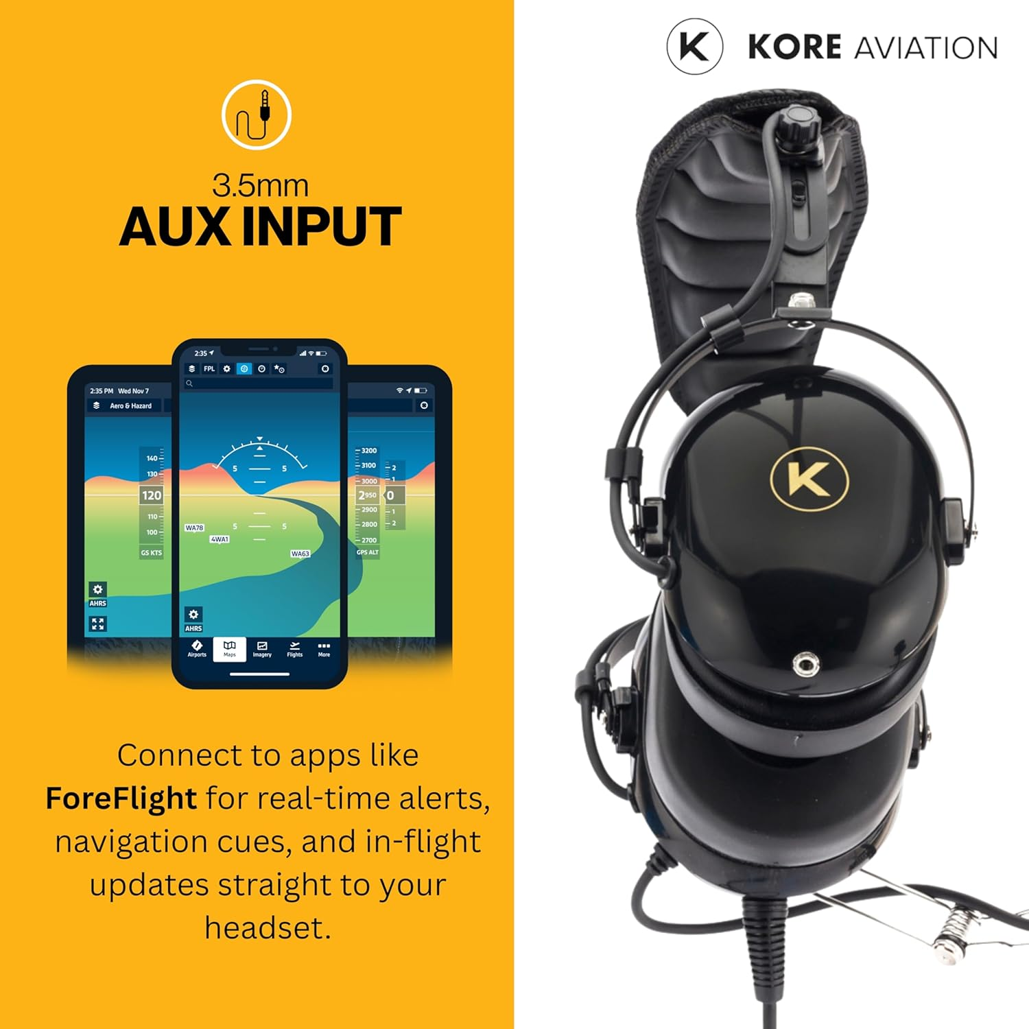 KORE AVIATION P1 General Aviation Headset for Pilots | Mono, Passive Noise Reduction, Noise Canceling Microphone, Acoustic Ear Cup, AUX Port, GA Dual Plug with Headset Bag (2 Items) image number 5