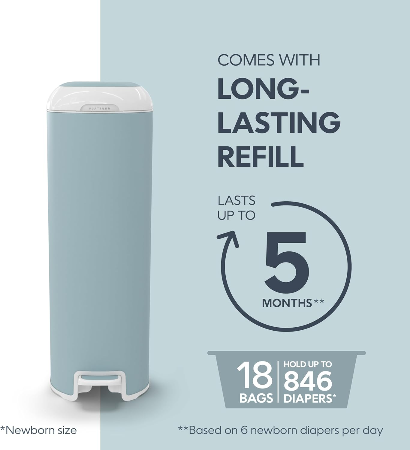 Diaper Genie Platinum Pail (Glacial Blue) Is Made in Durable Stainless Steel and Includes 1 Easy Roll Refill with 18 Bags That Can Last up to 5 Months.
