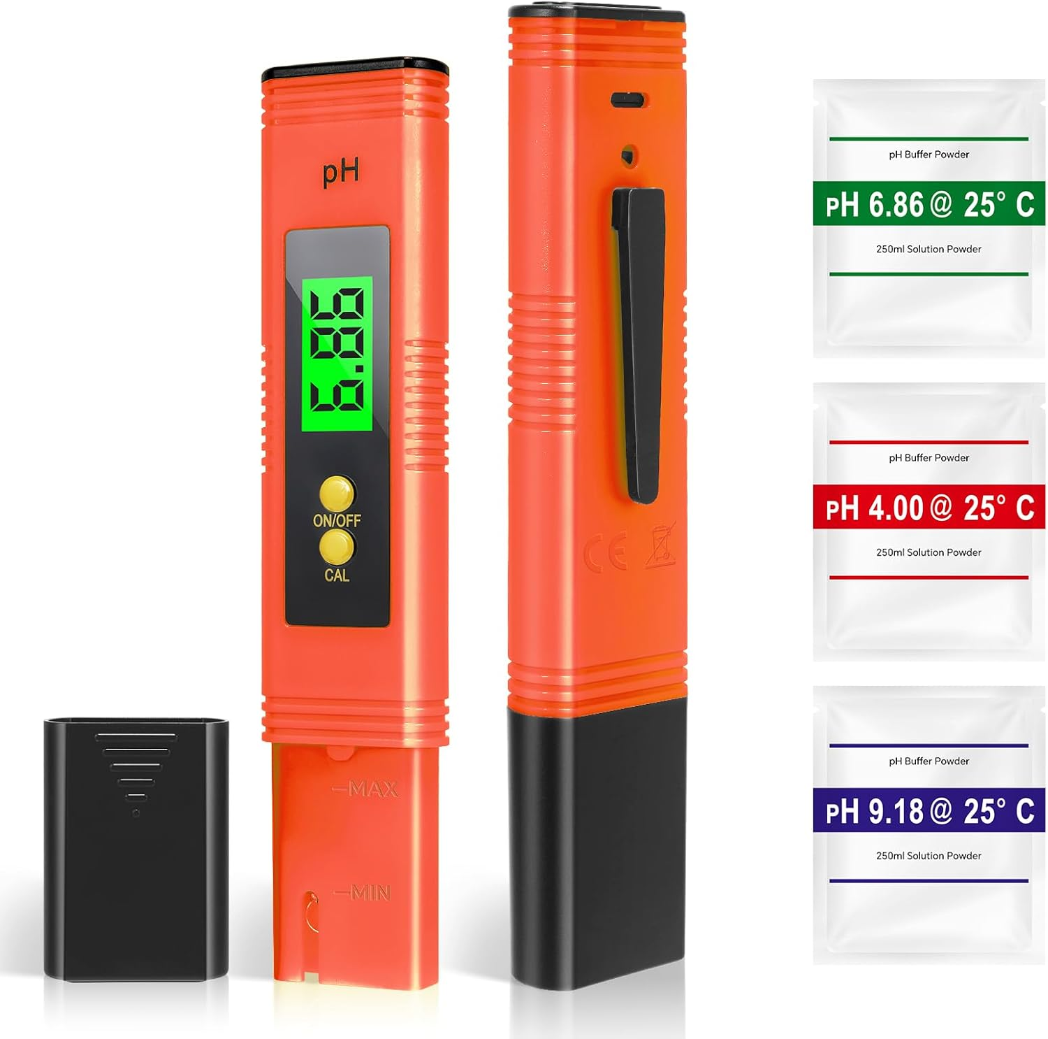 Digital Ph Meter, 0.01Ph High Accuracy Pen Type Ph Tester for Household Drinking with UL Certification and 3 Ph Calibration Powders (Orange) image number 4