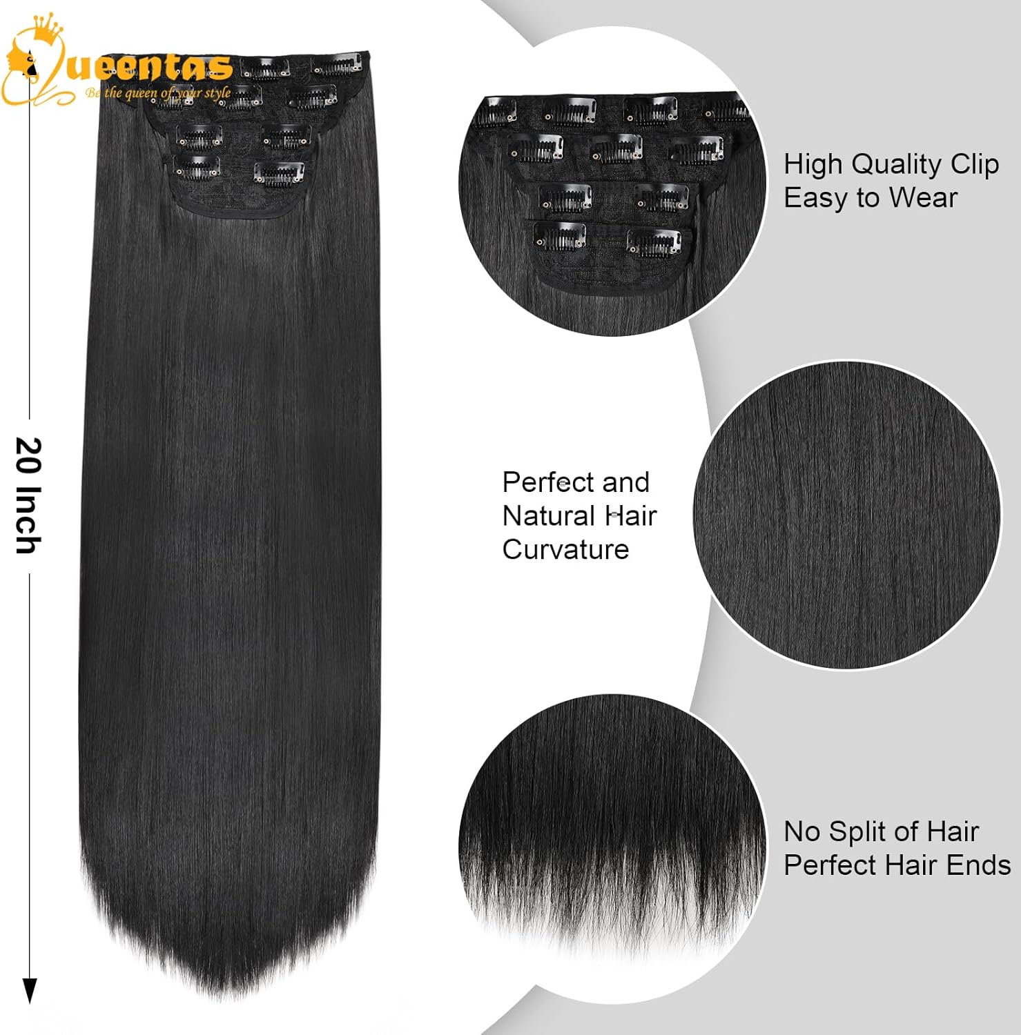 QUEENTAS 4Pcs Long Straight Black Clip in Hair Extensions for Women, Natural & Good Connectivity Hair Extensions Clip In(22Inch, 1B) image number 5