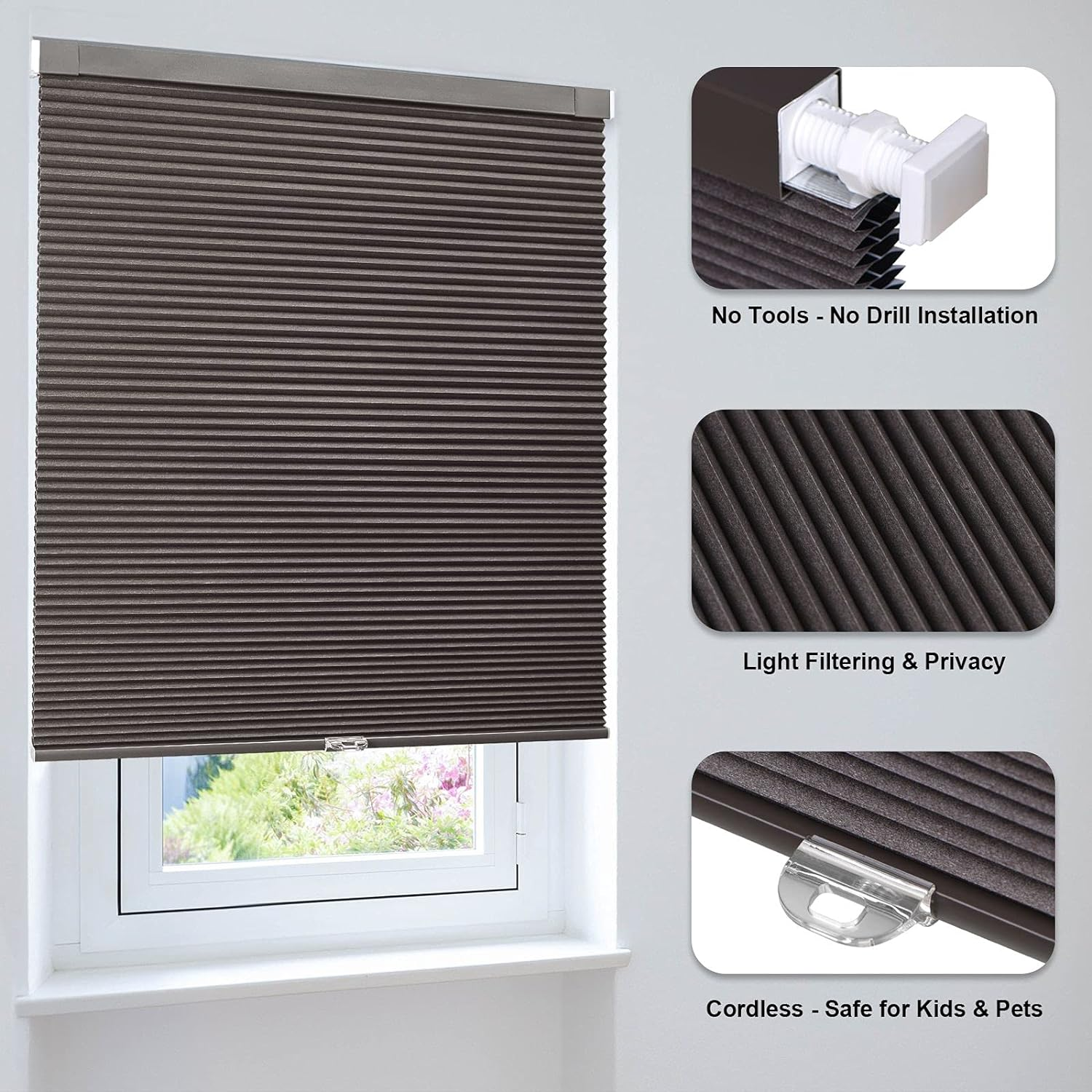 Lazblinds Cordless Cellular Shades No Tools No Drill Blackout Cellular Blinds for Window Size 27" W X 64" H, Dark Coffee image number 5