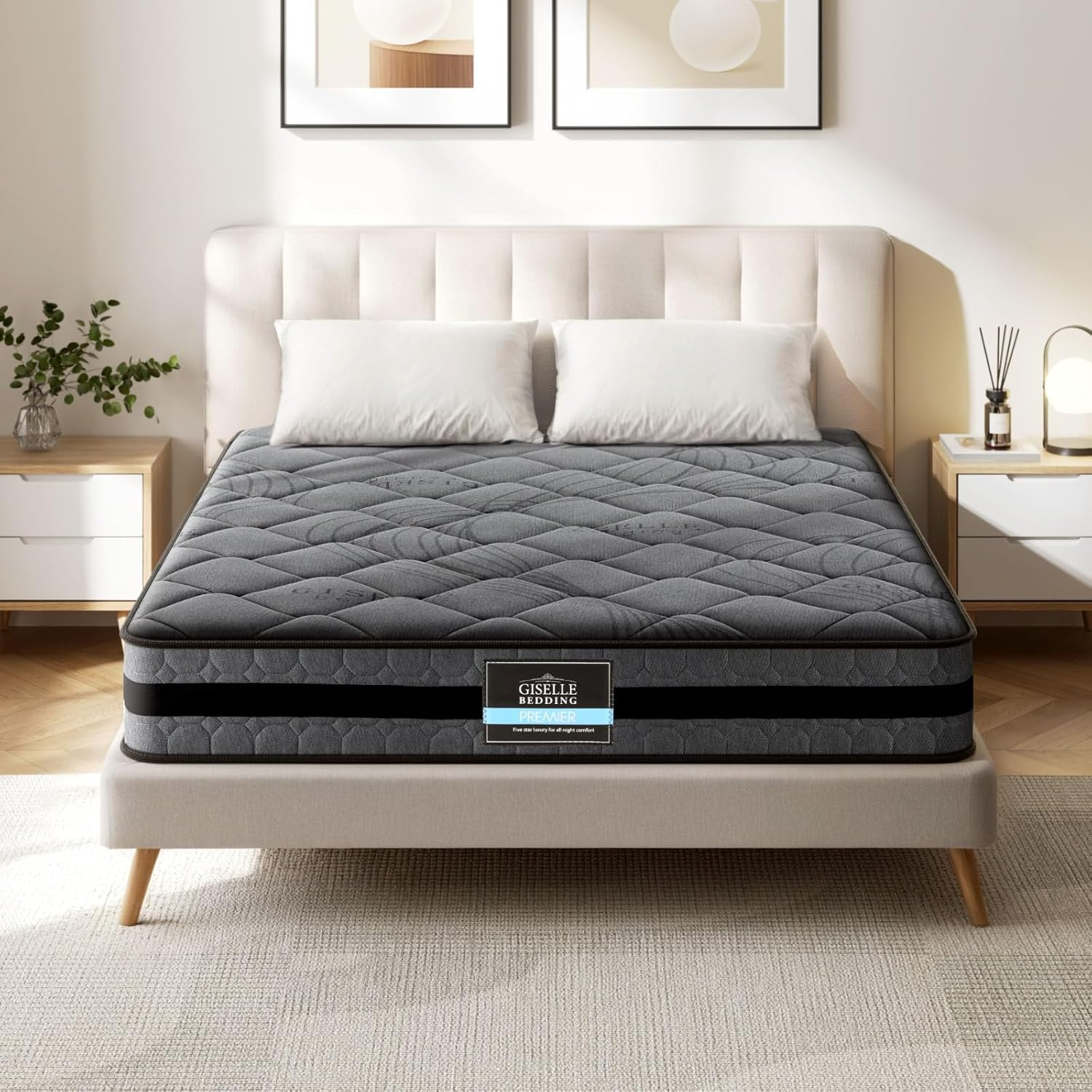 Giselle Bedding Queen Size Mattress,Medium Firm Foam,5-Zone Pocket Spring for Orthopedic Support & Pressure Relief, Breathable Cooling Top, 5Yrs Warranty, Black + Grey with Vacuum Packed