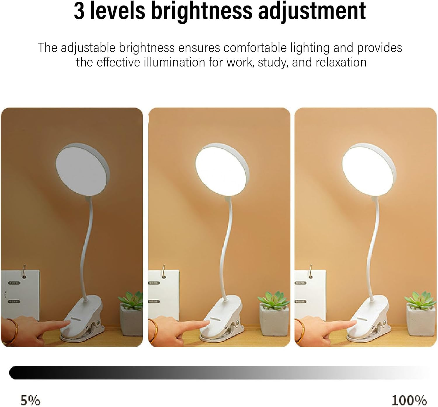 Desk Lamp Clip on Light, LED Desk Lamp with Clamp, Clip on Light Reading Light, Rechargeable and Battery Powered Reading Light, Cordless Book Lamp, Dimming Brightness image number 2