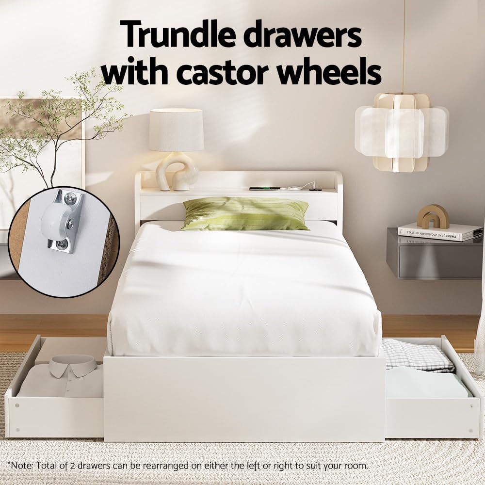 Artiss Single Bed Frame with Storage Headboard, Wooden Bed Base with 2 Storage Drawers, Solid Platform Bedframe with Charger, No Box Spring Needed for Guest Room, Bedroom Furniture, Easy Assembly image number 1