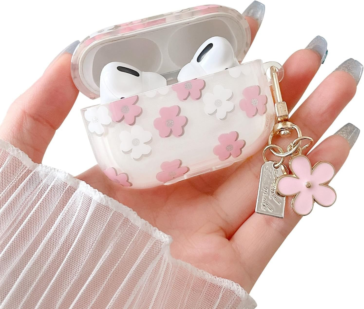 Compatible with Airpods 4 Clear Case,Cute Cartoon Flower Pattern Design with Floral Keychain, Soft TPU Protective Shockproof Case for Airpod 4 for Girls Women-Pink image number 6