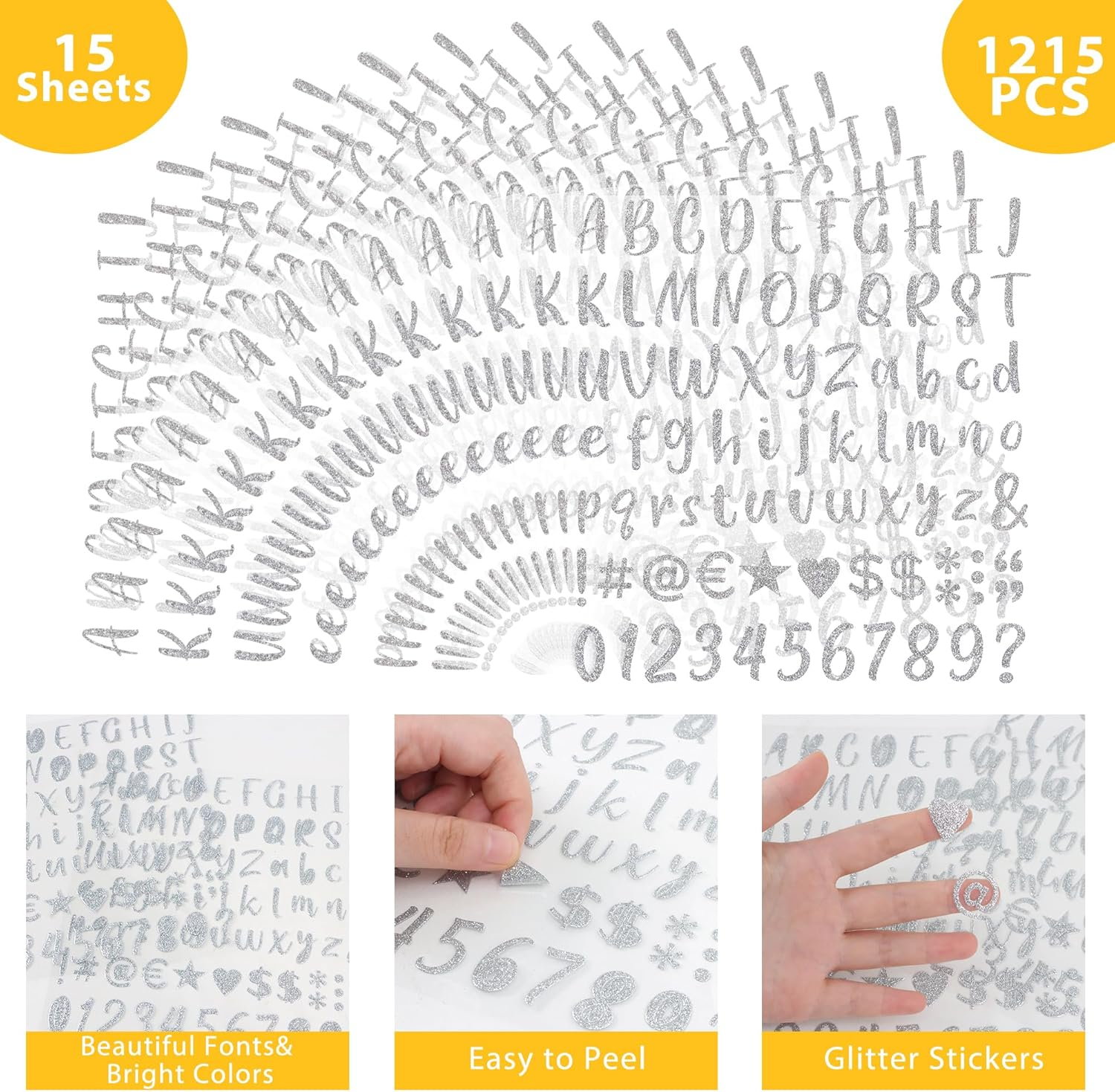 1215 Pcs 15 Sheets Letter Stickers, Glitter Silver, Vinyl, 1 Inch Self Adhesive, Alphabet Number Stickers, Small, for Mailbox Address Crafts Art Classroom Decoration - Black image number 4