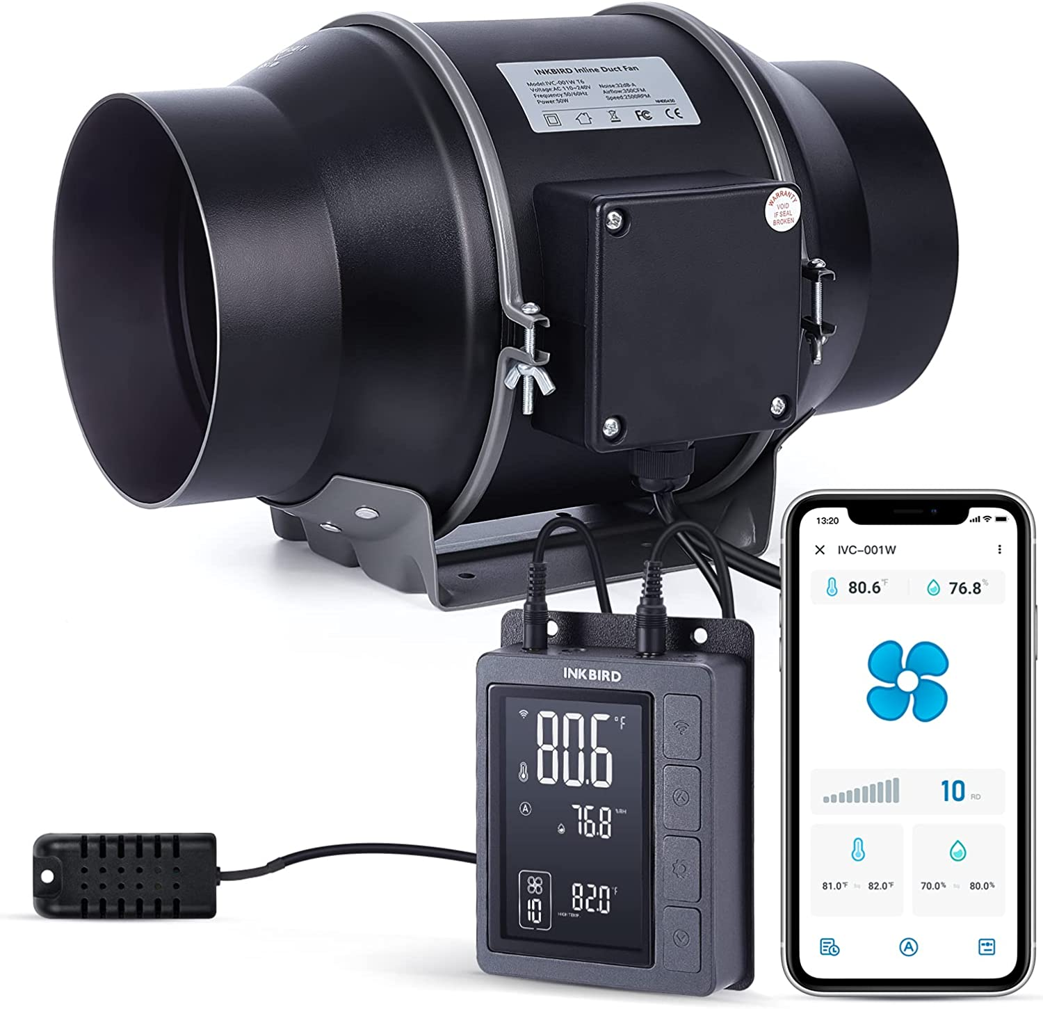 INKBIRD Inline Duct Fan with Smart Controller IVC-001W 6 Inches, Variable Fan Speed, Temperature and Humidity Control, HVAC Vent Blower for Grow Tents, Vertical Farms, Kitchens, Basements