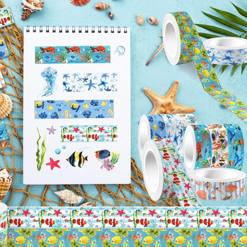 STOBOK Washi Tape Ocean Animal Theme - 12 Rolls, Scrapbook Supplies Paper Stickers Stickers for Scrapbooking Journals DIY Crafts Notebook Collage Album Aesthetic Picture Frames image number 3
