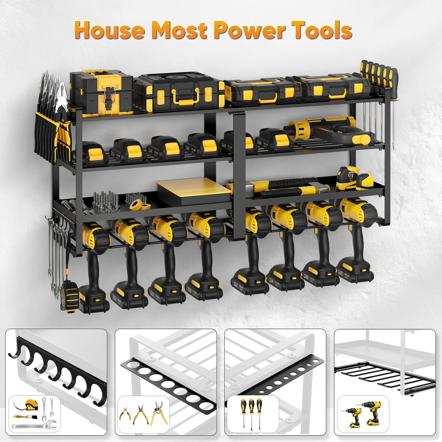 POKIPO Power Tool Organizer Wall Mount, Extended Large Heavy Duty 8 Drill Holder, 4 Layer Garage Tool Organizer and Storage, Utility Racks Suitable for Workshop, Garage Cordless Drill image number 4