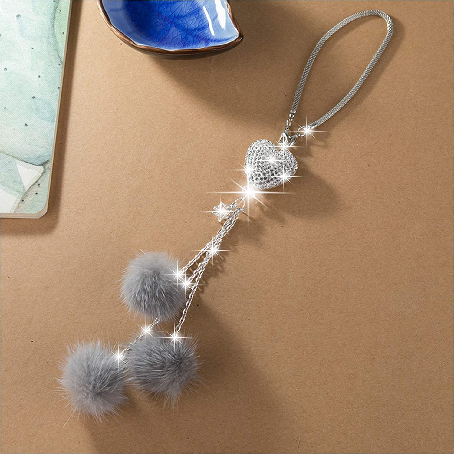 Bling Car Accessories for Women &pound;&brvbar; Men Bling White Heart and Pink Fuzzy Drops Bling Rinestones Diamond Car Accessories Crystal Car Rear View Mirror Charms,Lucky Hanging Accessories (Gray) - Pink image number 5