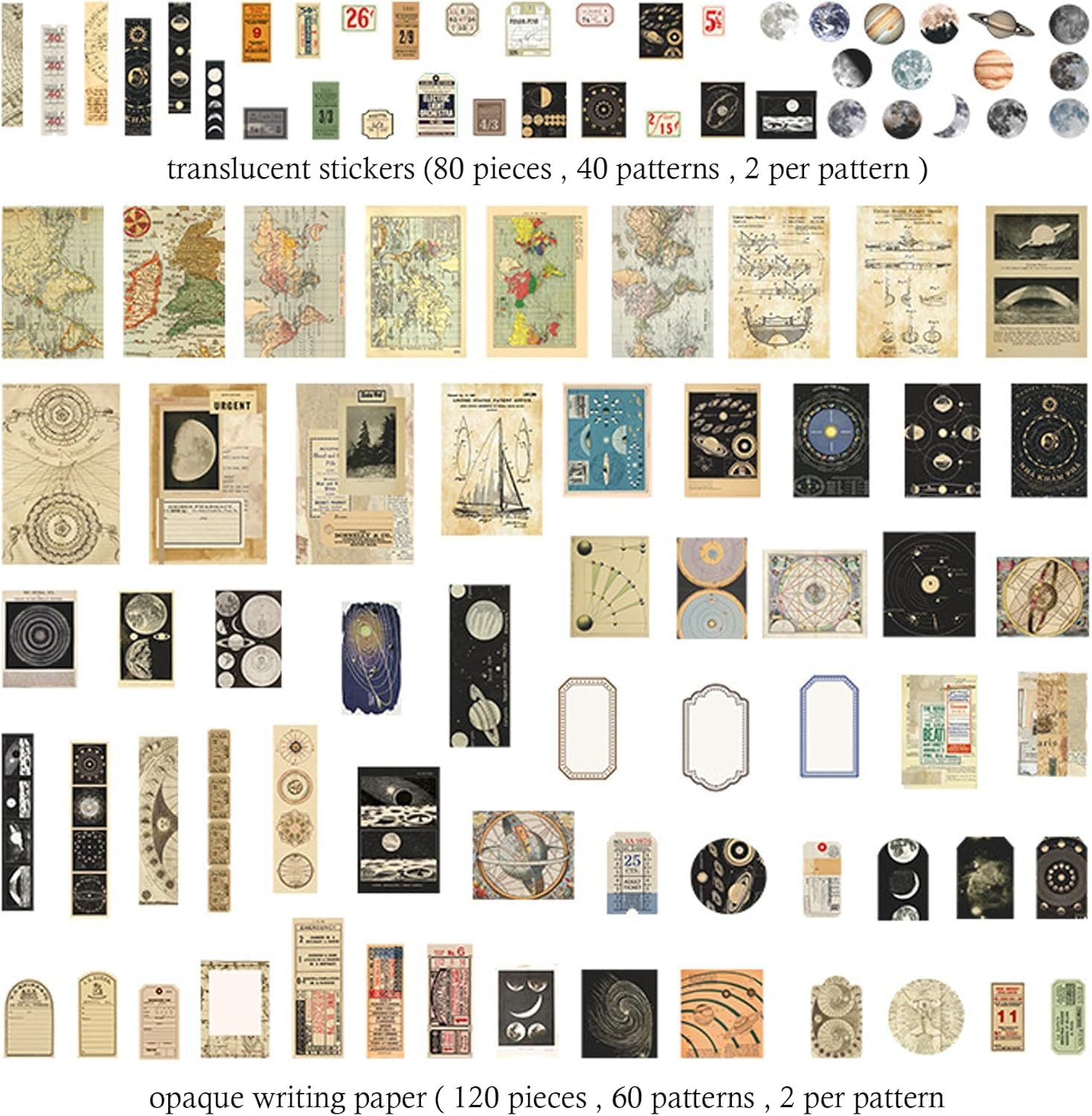 AUXIN 200 Pcs Vintage Scrapbook Supplies Pack for Art Junk Journal Planners Journaling Bullet, Artistic Celestial Notebook Collage Album Aesthetic Picture Supplies DIY Paper Stickers Craft Kits image number 4
