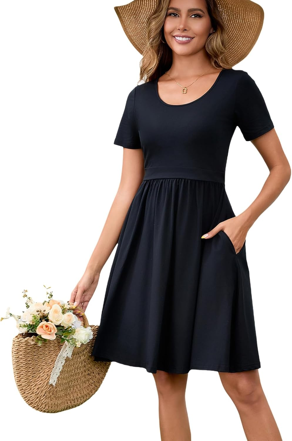 Women'S Nursing Dresses Breastfeeding Summer Comfortable Cotton Short Sleeve Breastfeeding Dress with Pockets image number 2