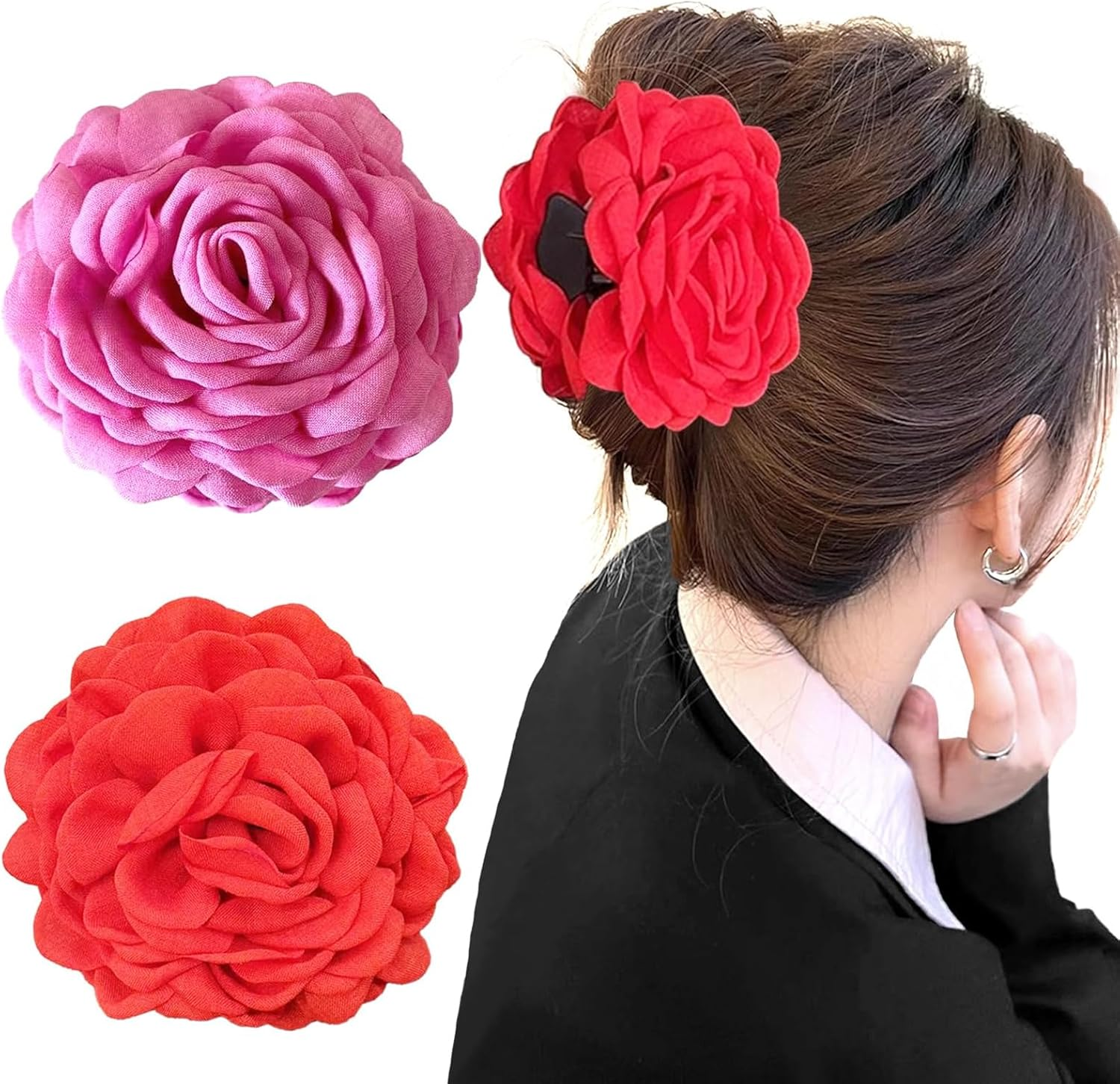 ASOMI 2 Pack Large Hair Clips with Hawaiian Roses Floral Hair Clips for Women and Girls, Thin Hair, Blooming Rose Claw Clips, Non-Slip (Rose Red, Red)
